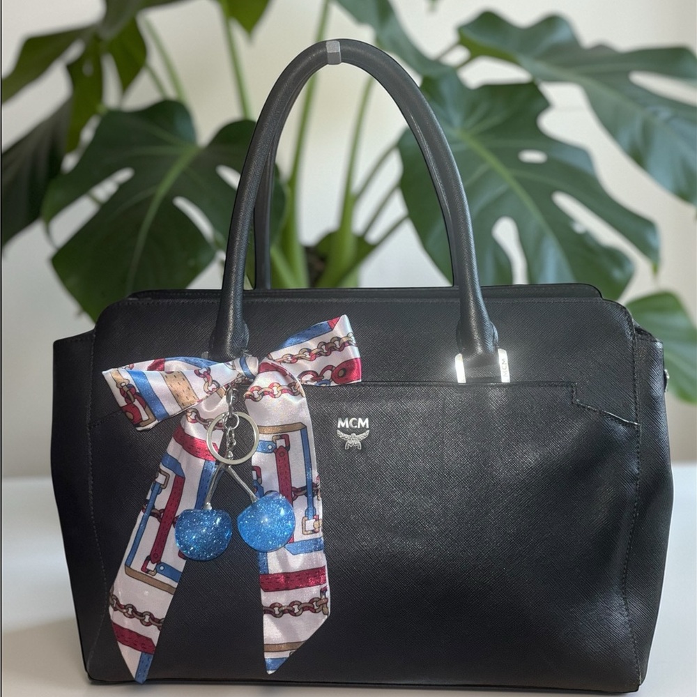 MCM Black Leather Shoulder Bag with Decorative Scarf and bag charm